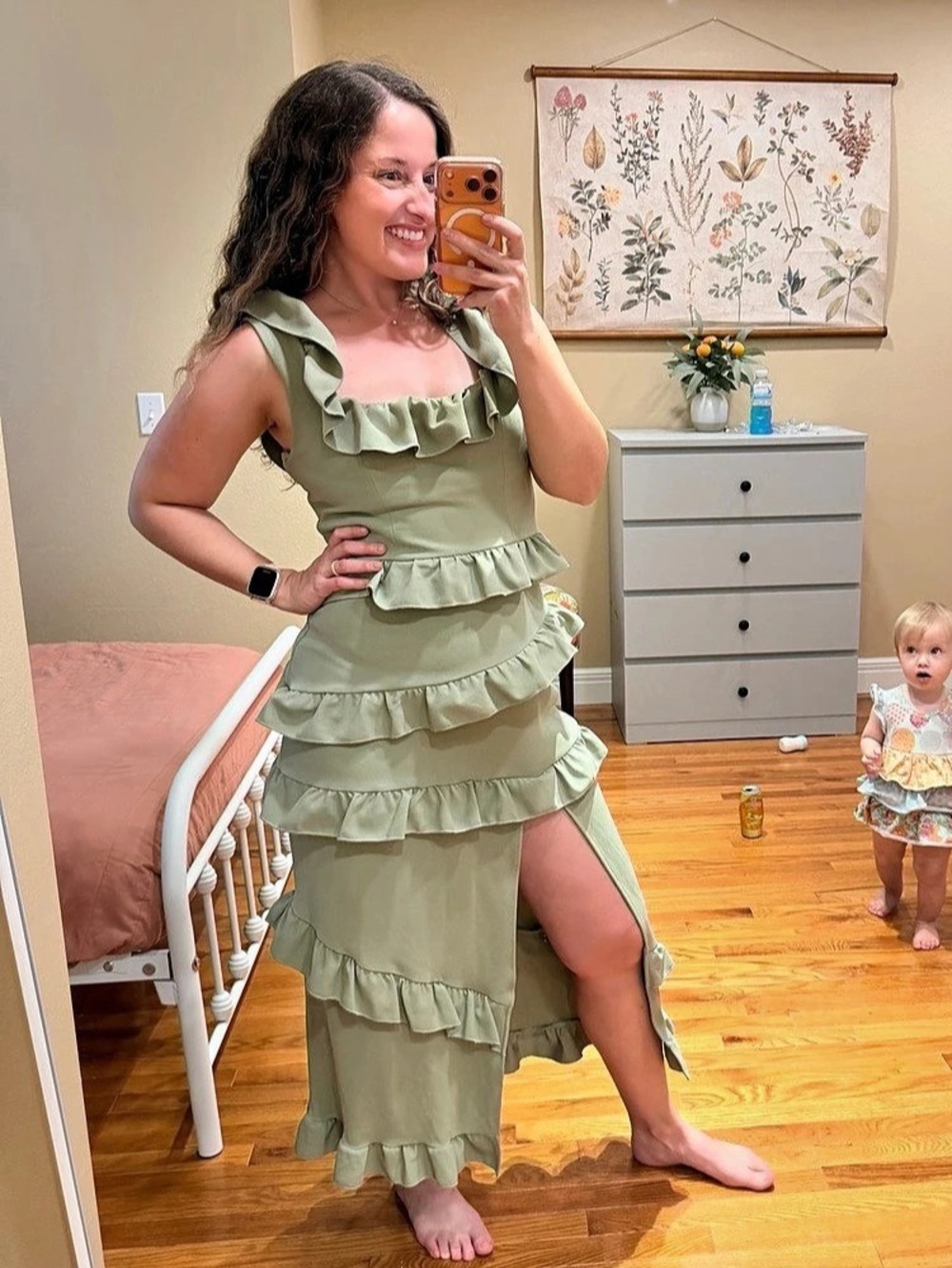 Show me Your MUMU Sage Green Greta Ruffle Maxi Dress Size Medium